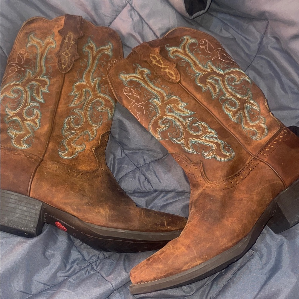 Justin Boots Brown Suede Cowboy Boots with Red Logo Soles
